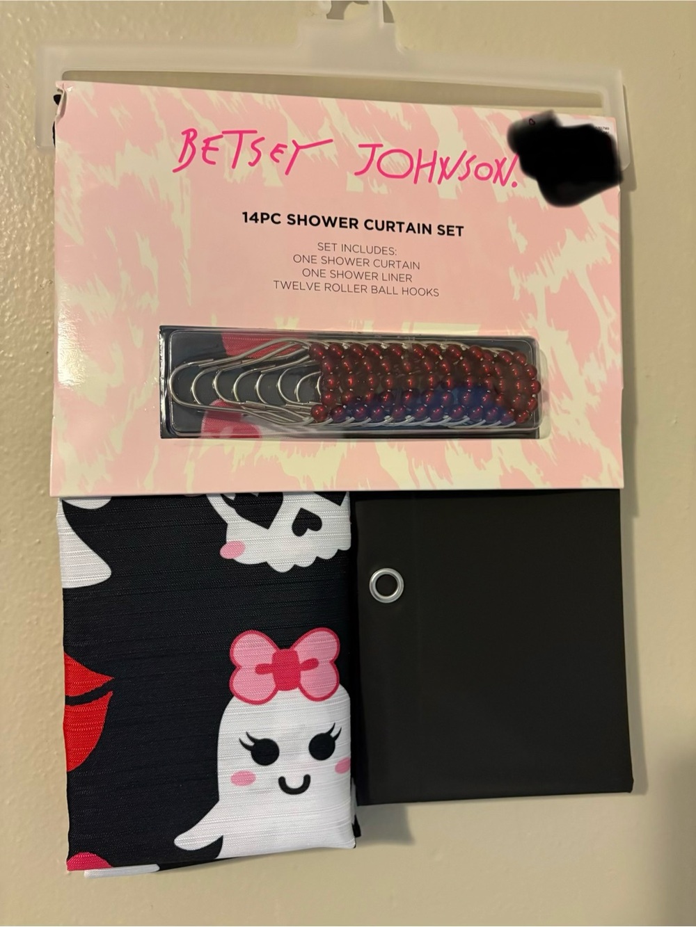 Betsey Johnson Halloween Ghost Shower Curtain Set with Pink Accents